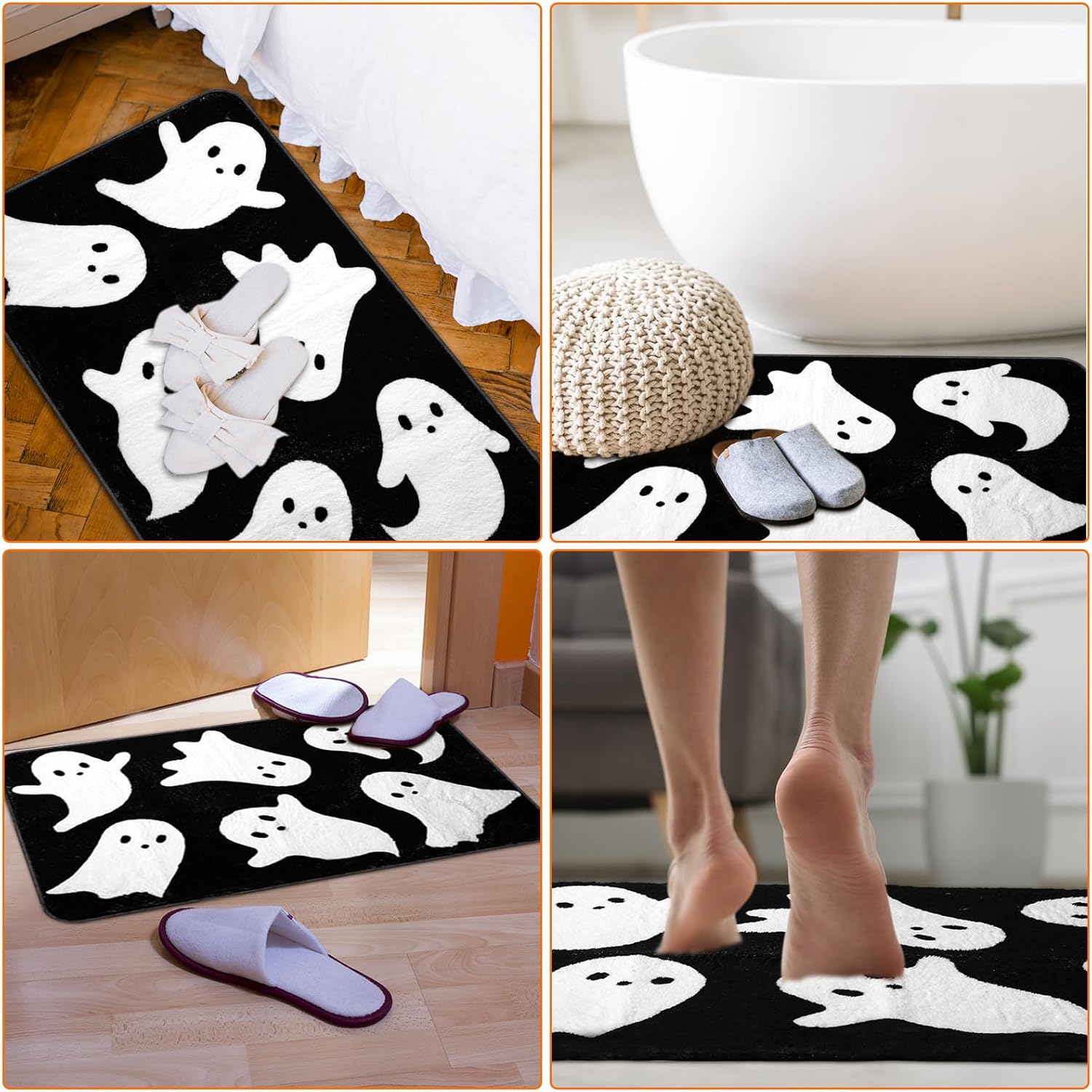 Halloween Ghost Bathroom Rug Cute Spooky Halloween Bathroom Decor Non Slip Halloween Bath Mat Machine Washable Ghost Shower Floor Mat Halloween Rug for Bathroom Home Decor(Black, White)