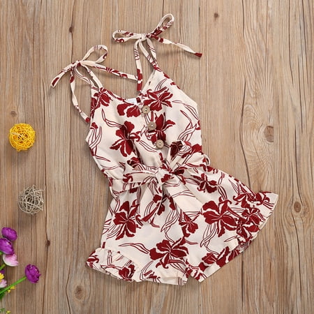 

One opening Children’s Wear Fresh Printed Tied Straps Sleeveless V-Neck Short Jumpsuits Little Girl