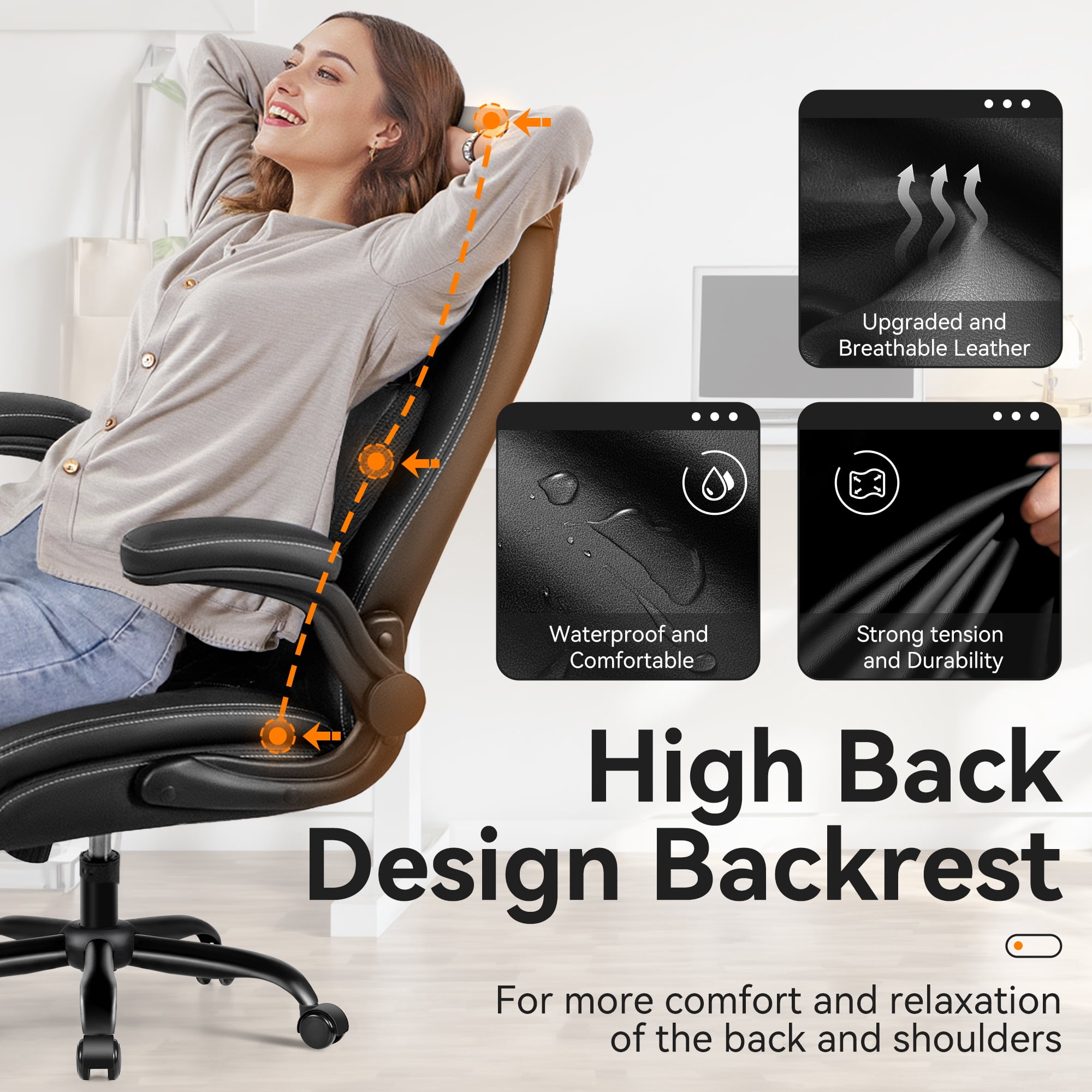 COOLHUT Big and Tall Office Chair 500LBS Wide Seat Ergonomic Computer Desk Chair, High Back Executive PU Leather Chair, Adjustable Armrest and Lumbar Back Support Office Chair, Black