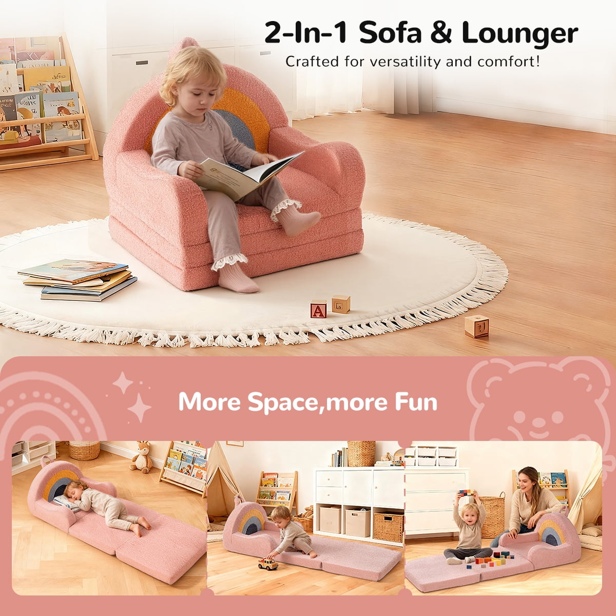 Toddler Sofa, 2-in-1 Kids Sofa, Easy to Move Toddler Chair, Toddler Beds for Gift, Rainbow