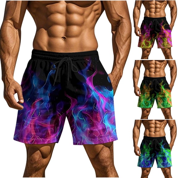 Shorts Para Hombre Mens Shorts Men's Casual Homewear Flame Printing Funny Printed Trousers Beach Sports Shorts Fast-Drying Trousers Purple M