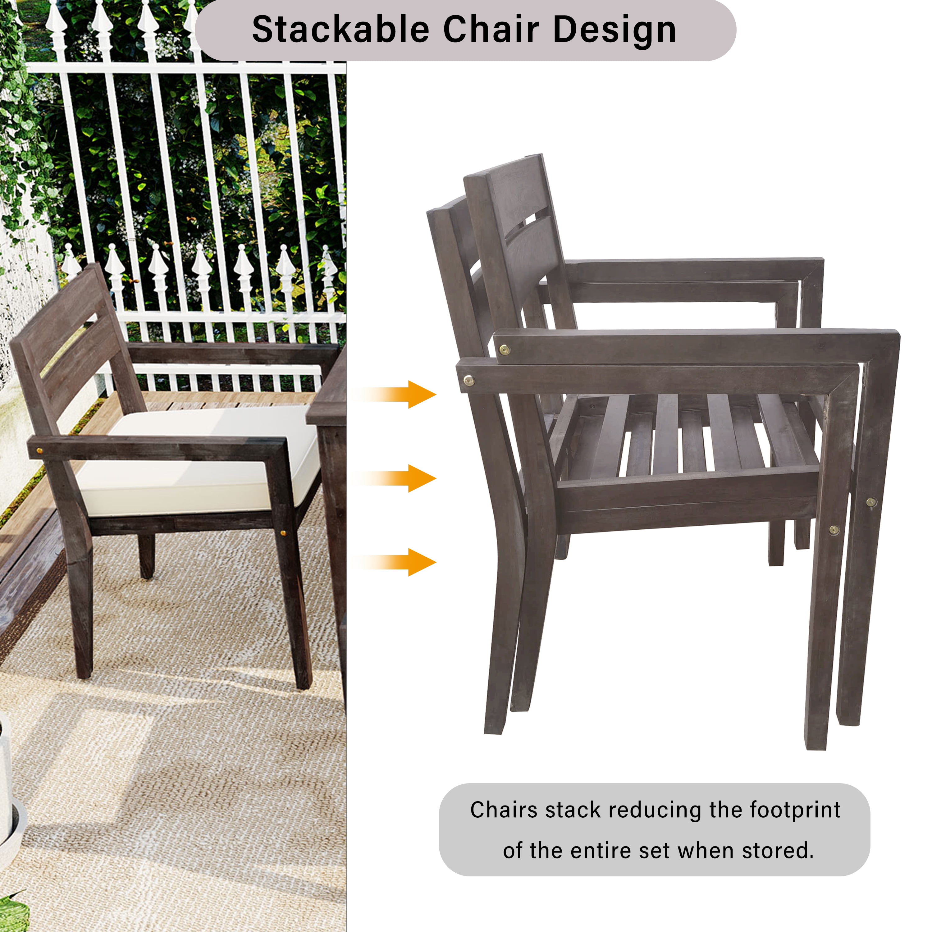 HighSound 7 Piece Patio Dining Set, Outdoor Acacia Wood Furniture Set, Patio Table and 6 Arm Chairs w/Removeable Fabric Cushion, Gray