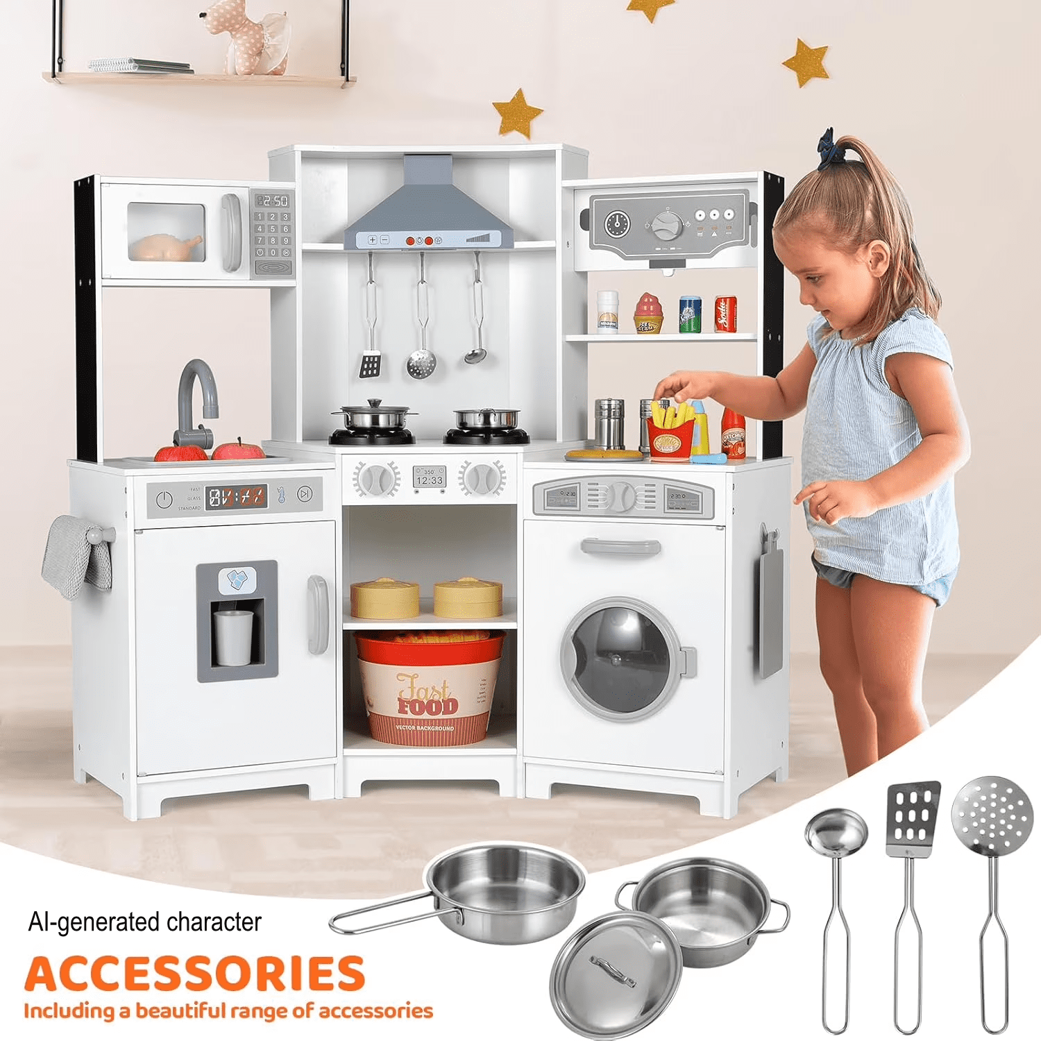 LAZY BUDDY Wooden Corner Play Kitchen for Kids with Light & Sound, Toddler Kitchen Playset Interactive Cooking Toy with Ice Maker, Towel Rack