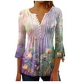thumbnail image 2 of hxobax Womens Dressy Casual Tops Ruffle 3/4 Sleeve Tunic V Neck Button Down Shirts Pleated Blouses, 2 of 5