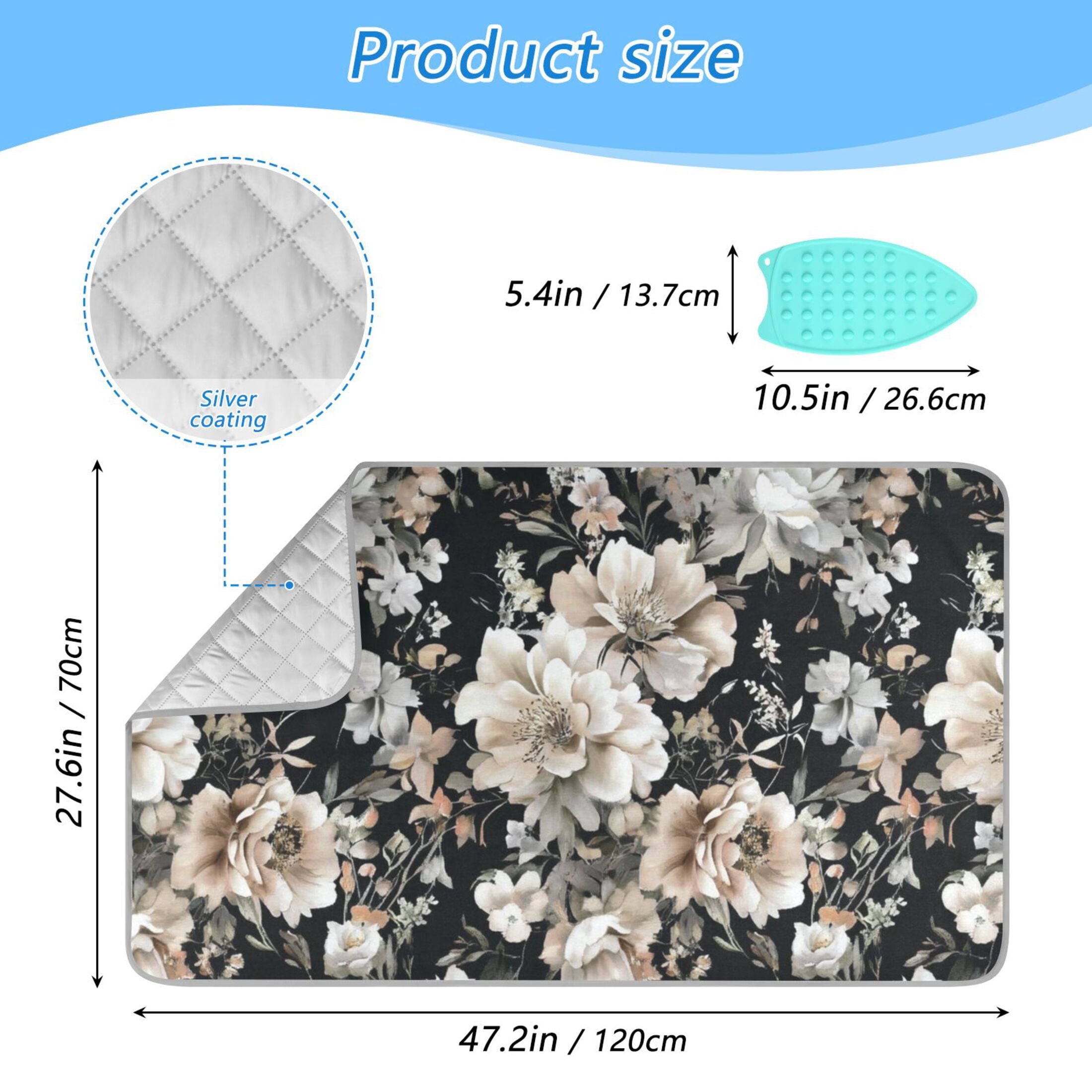 Elegant Floral on Black Ironing Mat Blanket for Table Top Travel Portable Ironing Board Pad 47.2x27.6 Inch