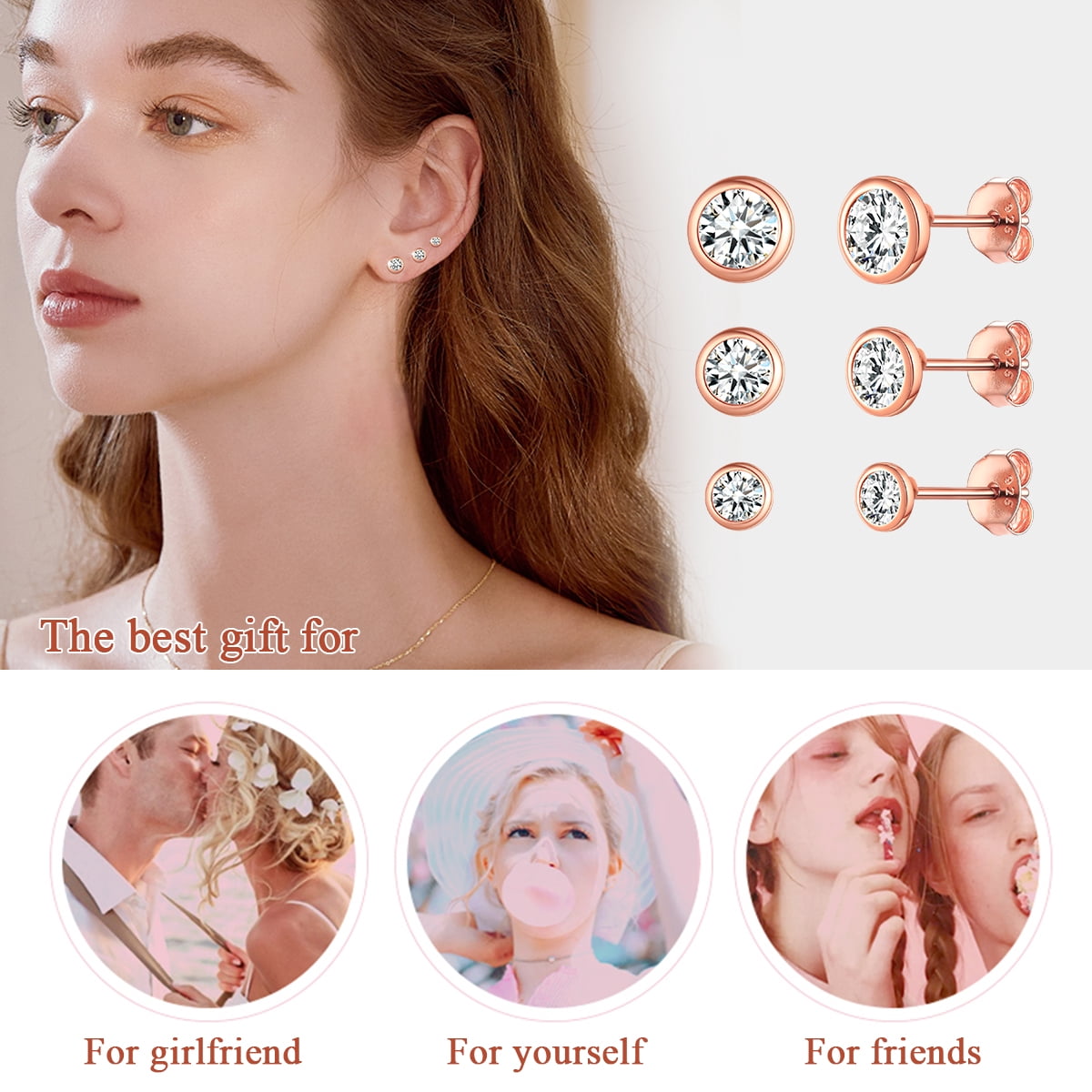 ChicSilver 3 Pairs Sterling Silver Stud Earrings for Women, 3/4/5MM Hypoallergenic Simulated Diamond Round Cubic Zirconia Ear Stud Set for Sensitive Ears, Rose Gold