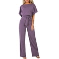 thumbnail image 3 of Womens Loose Short Sleeve Belted Wide Leg Pant Romper Jumpsuit Business Casual One Piece Outfits, 3 of 11