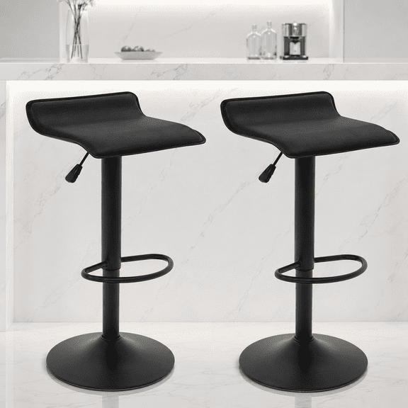 Adjustable Backless PU Leather Bar Stools Set of 2, 360° Swivel Counter Height Bar Stools with Footrest, Modern Armless Kitchen Island Chairs (Black, Black Base)