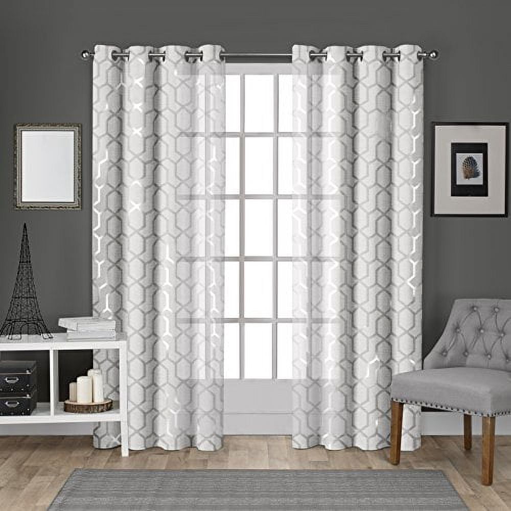 Exclusive Home Panza Metallic Geometric Print Light Filtering Semi-Sheer Grommet Top Curtain Panel Pair, 54"x108", Winter Silver