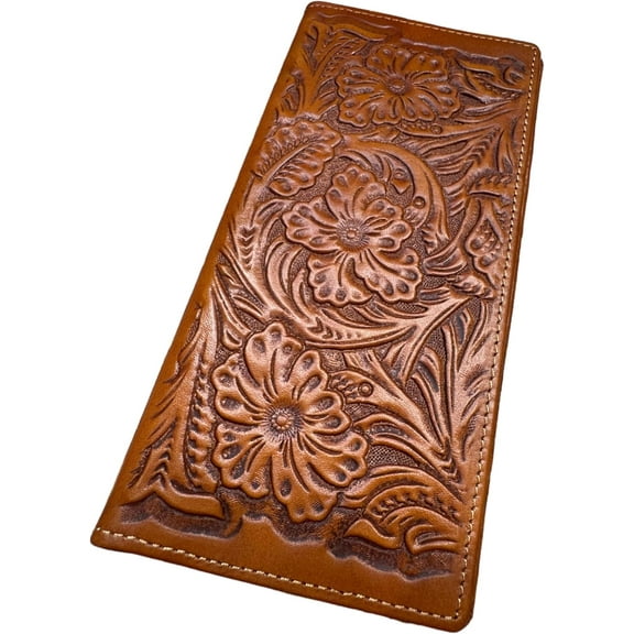 Western Stakes Leather Long Wallet Floral Embossed Bi Fold Tooled Soft Leather Checkbook Style Cowboy Hand Crafted High End Mens Wallets Leather Gifts For Men (Black)