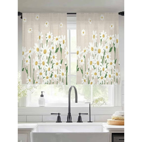 Spring White Sheer Curtains 45 inches Long 2 Panels Set Daisy Flowers Plants Linen Style Background Tiers Sheers Rod Pocket Small Window Short Curtains for Kitchen Cafe, Each 52" W x 45" L
