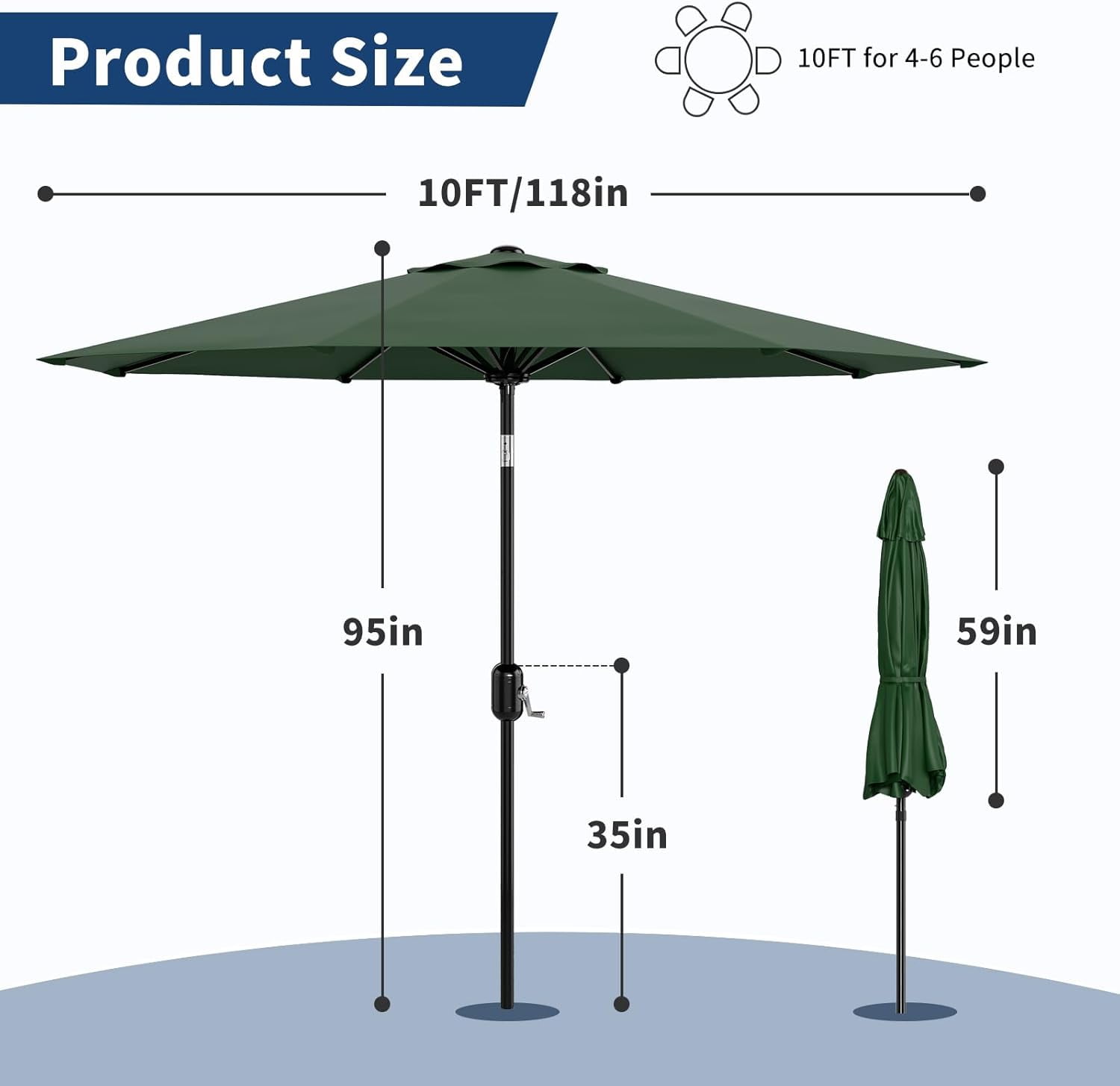 Memoryfield 10FT Outdoor Patio Umbrella with Push Button Tilt and Crank Handle, Market Umbrella with 8 Sturdy Umbrella Ribs, UV Protection, Waterproof, Dark Green