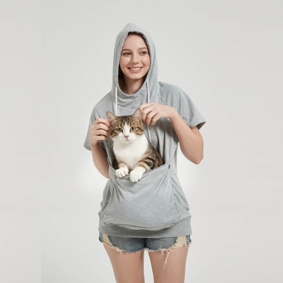 XINPING Unisex Big Pouch Hoodie Short Sleeve Pet Cat Dog Puppy Holder Carrier Thin Sweatshirt Oversized Small Animal Carrier Sweatshirt for Women Men