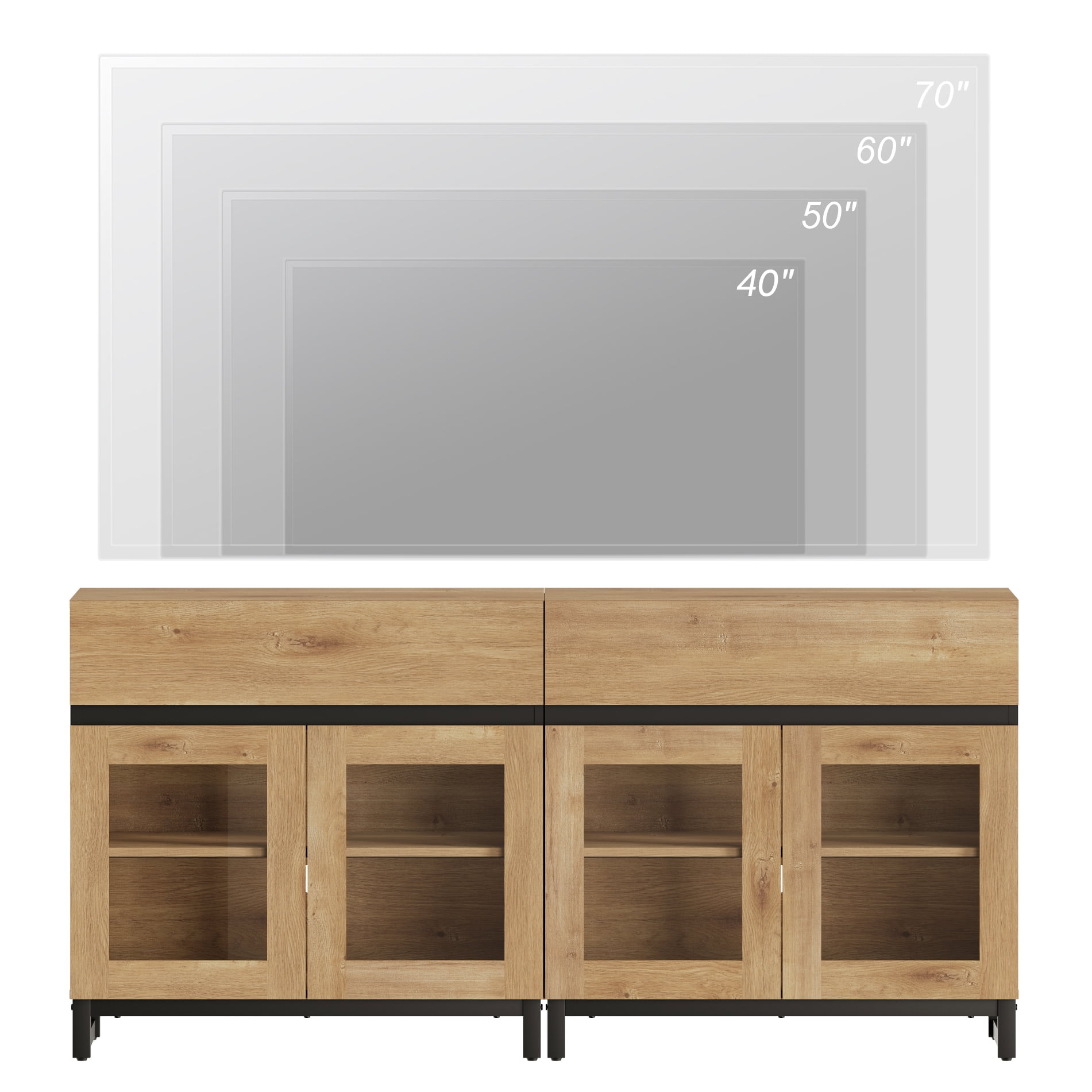 WAMPAT 2-in-1 Modern TV Stand with Glass Doors & 2 Drawers, Metal Base Entertainment Center for 70 Inch TVs, Media Console for Living Room & Bedroom