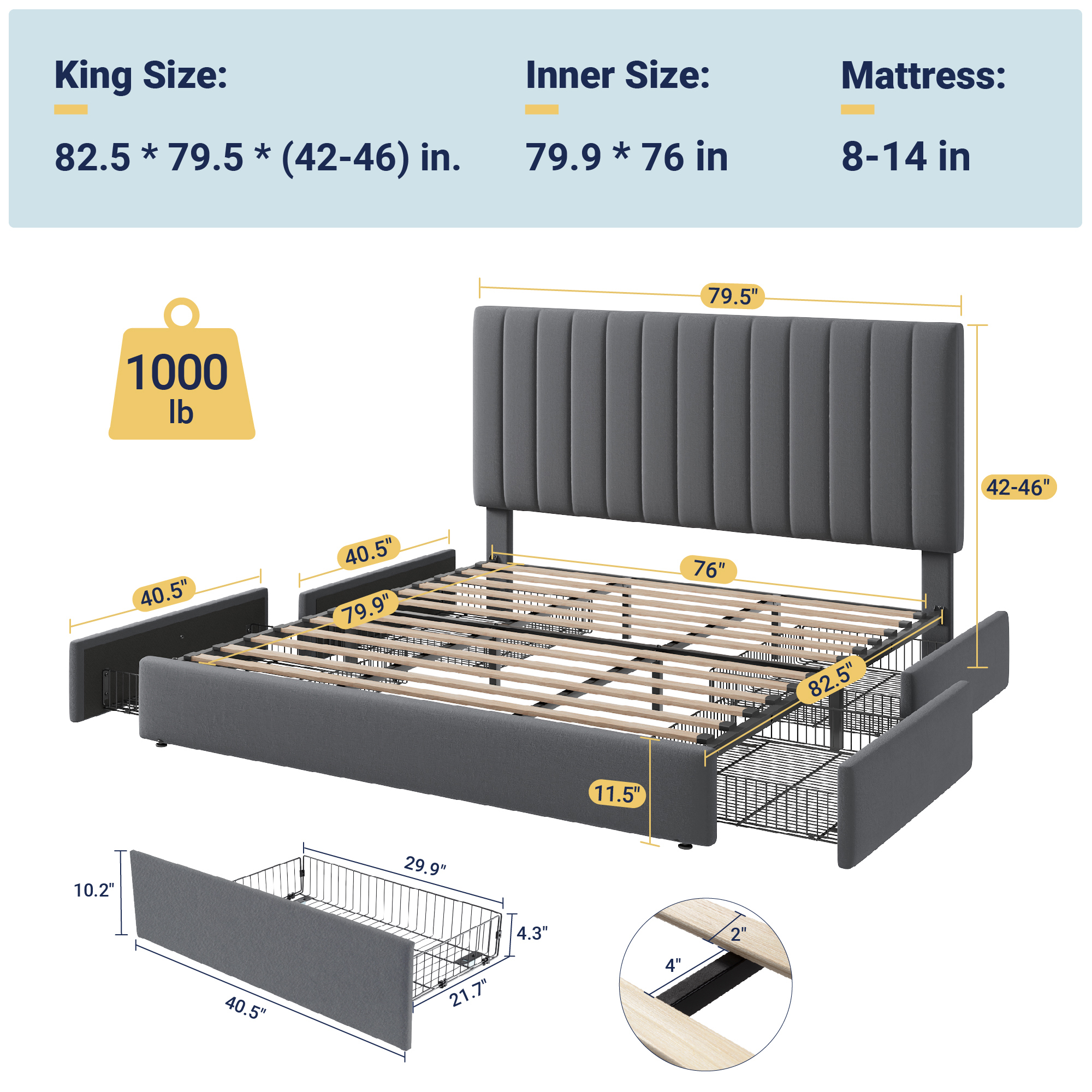 Allewie King Size Storage Bed Frame,Adjustable Headboard, Velvet Upholstered Platform Bed with 4 Oversized Underbed Drawers, Wooden Slats Support, No Box Spring Needed, Grey