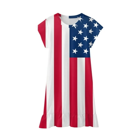

MIASHUI Girls Fourth Of July Independent Day Star Stripes Prints Short Sleeves Party Princess Dress