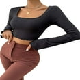 thumbnail image 1 of Women Solid Color Ribbed Square Neck Lettuce Hem Show Navel T-Shirts Spring Autumn Flare Long Sleeve Slim Crop Tops Black M, 1 of 6