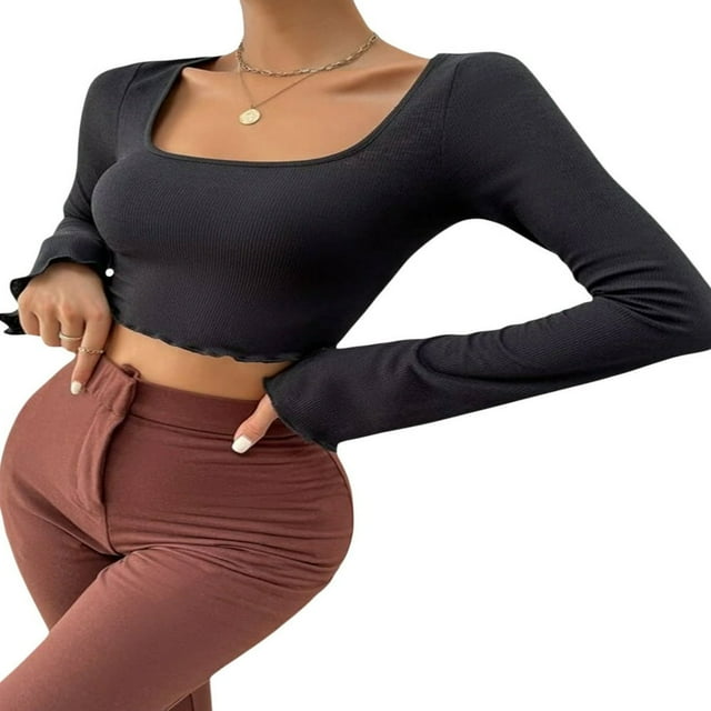 Women Solid Color Ribbed Square Neck Lettuce Hem Show Navel T-Shirts Spring Autumn Flare Long Sleeve Slim Crop Tops Black M