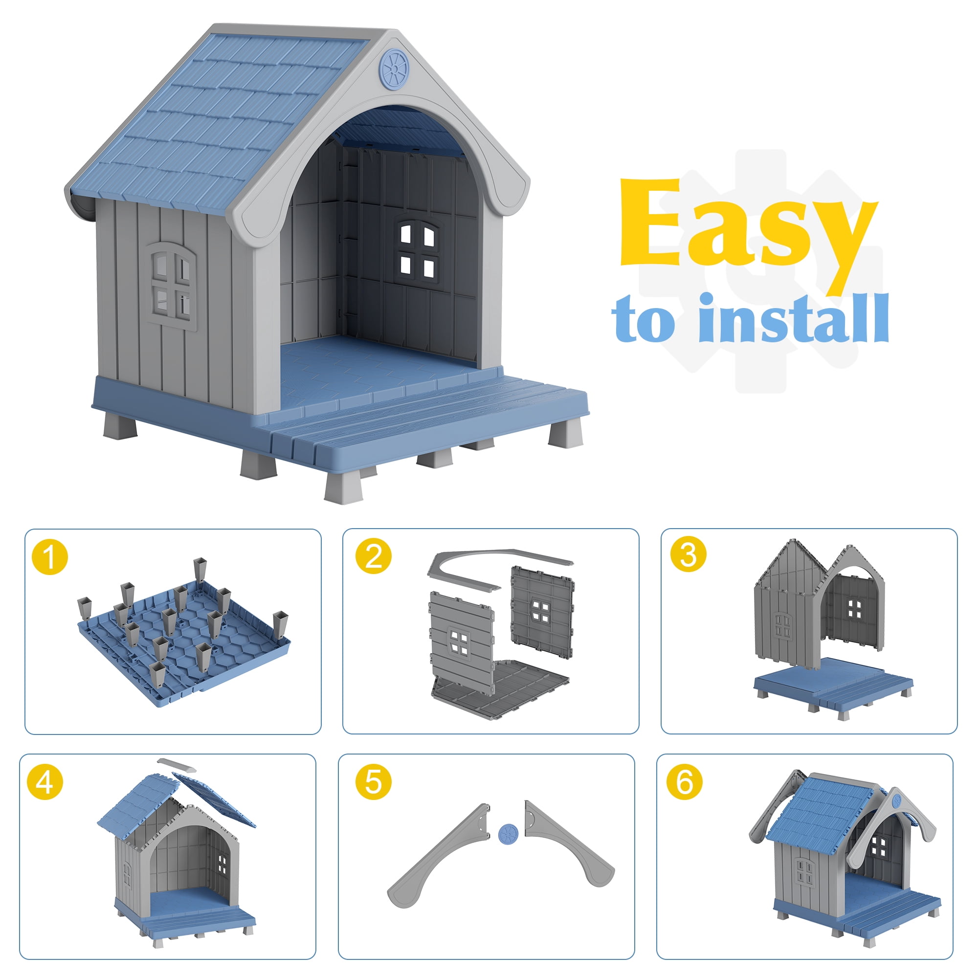 Nihsuao Durable Waterproof Dog House for Small to Medium Dogs, Indoor Outdoor Plastic Kennel with Porch, Sloping Roof & Elevated Floor, Easy Clean, Blue, 32.95"L x 31.5"W x 37.88"H