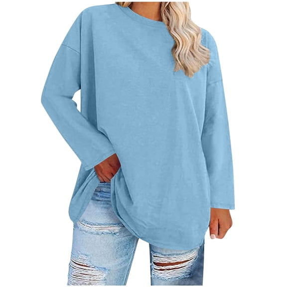 Plus Size Womens Tops Long Sleeve Casual T-Shirts Crewneck Lightweight Pullover Solid Color Fall Spring Clothes (XL, Light Blue)