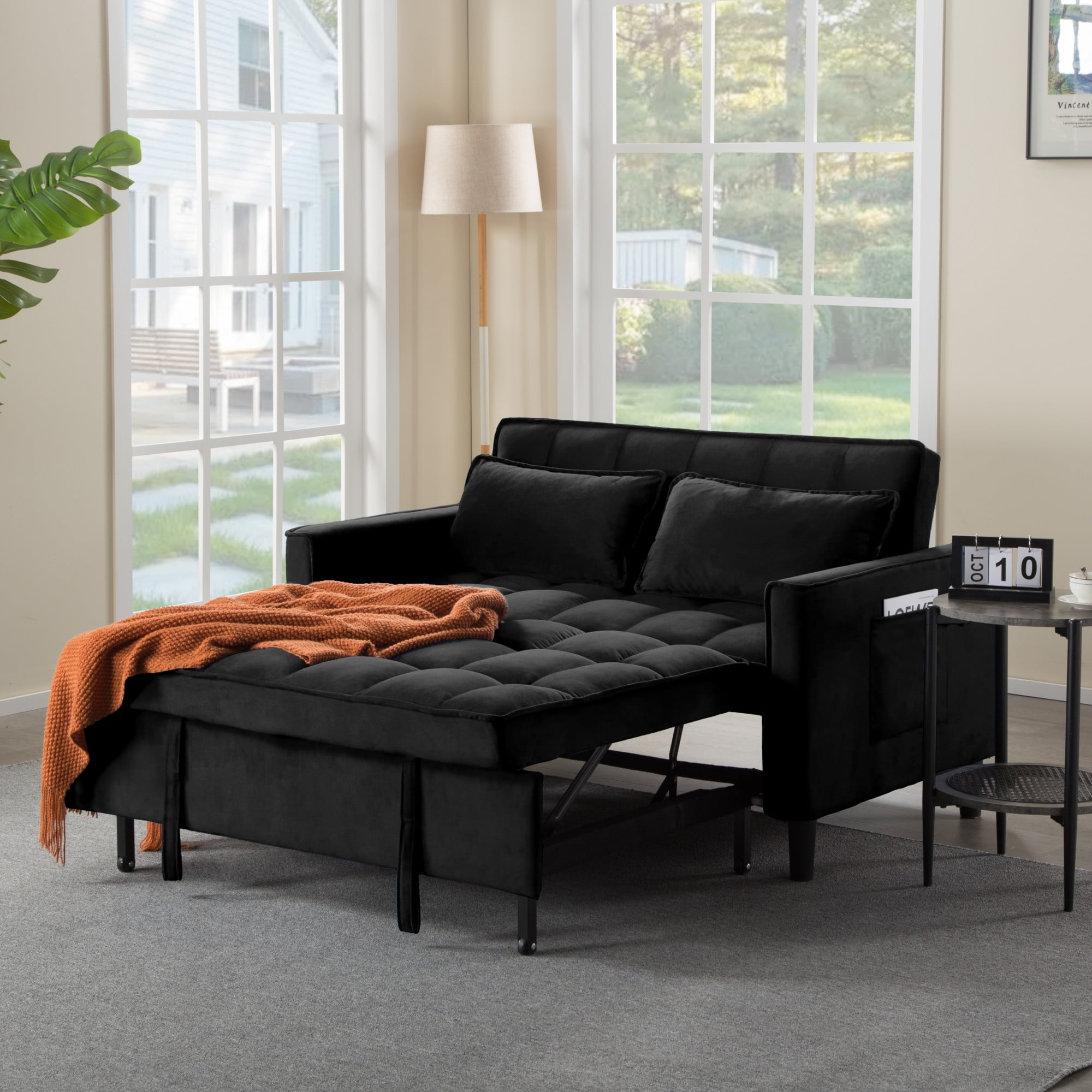 Gewnee 53.94" Pull-Out Sofa Bed – Convertible Twin Size Sleeper Bed,3 Adjustable Backrest Angles & Storage Side Pocket for Living Room,Office,Guest Room.Black Velvet