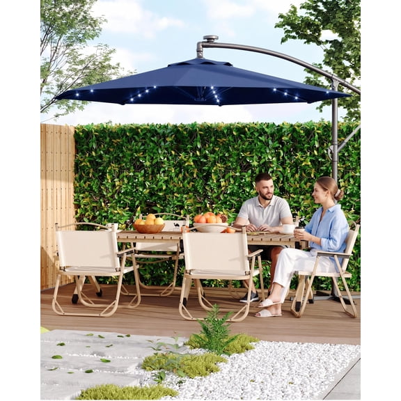 10FT Solar LED Cantilever Patio Umbrella, Fade Resistant UV Protection Offset Umbrella with Infinite Tilt & Easy Lift, Cross Base Outdoor Market Umbrella for Deck Pool Garden Backyard