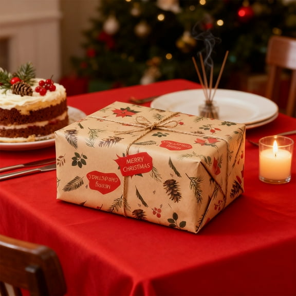 Chanana Christmas Wrapping Paper, Vintage Gift Wrapping Paper with Ribbon Tags, Khaki Xmas Kraft Wrap Paper w/Santa Claus, Christmas Tree, Cars, Gift Paper for New Year, Holiday (29.1x19.7in)