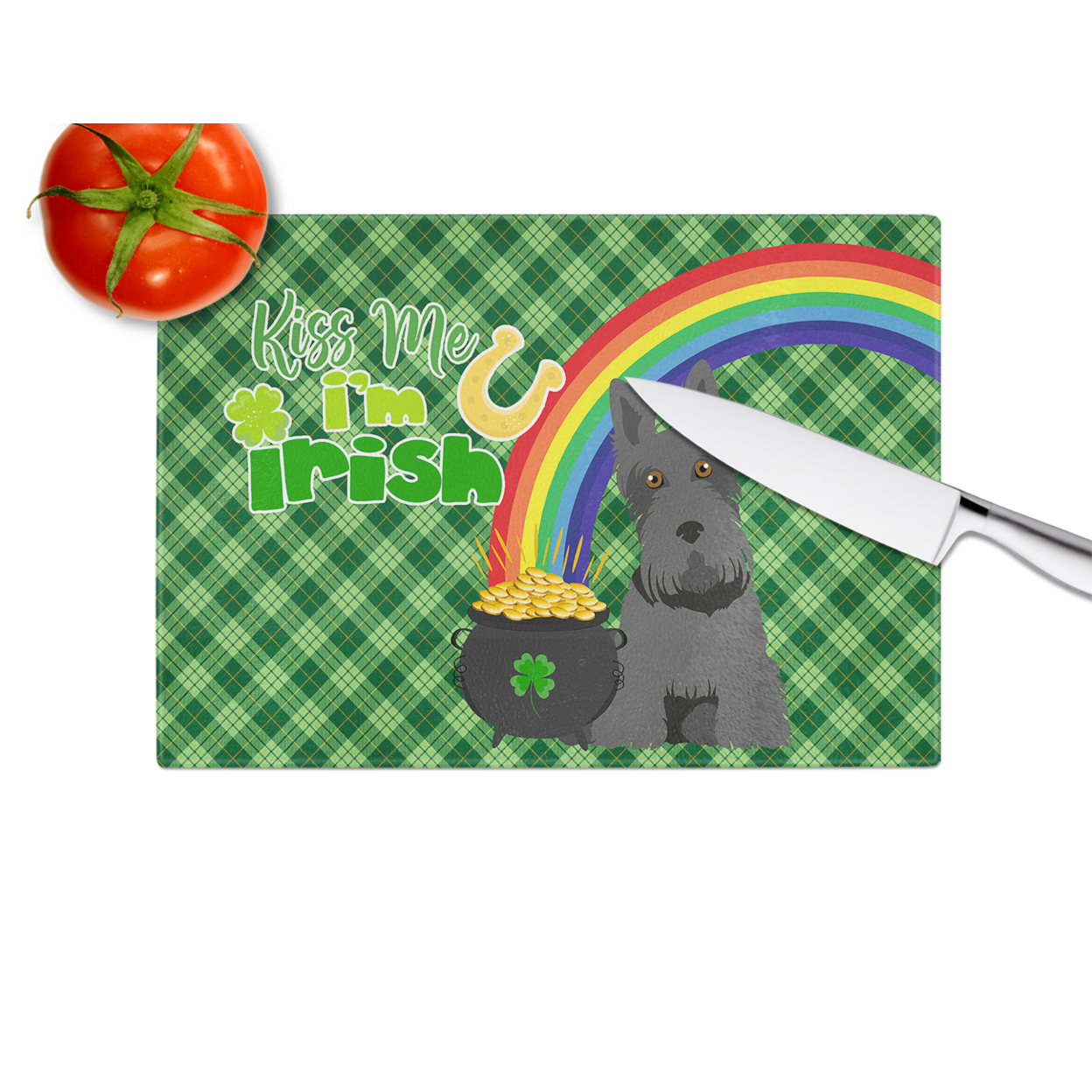 Black Scottish Terrier St. Patrick's Day Glass Cutting Board Large 12 in x 15 in