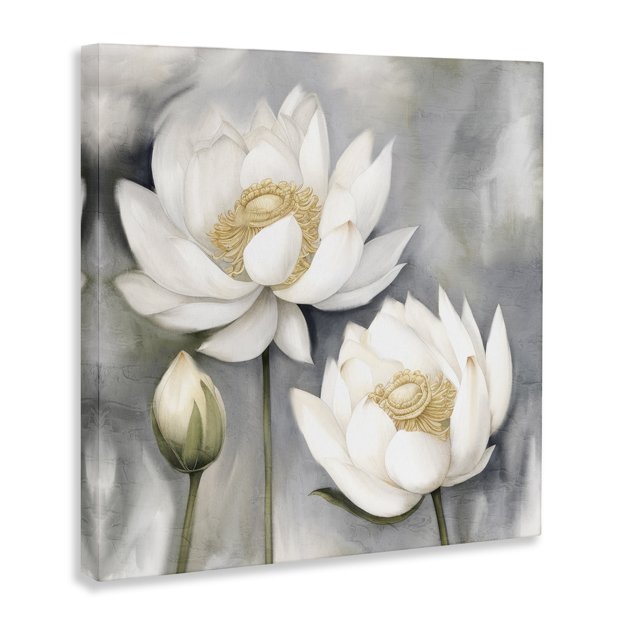 Stupell Industries White Lotuses on Grey Plants & Flowers Painting Wrapped Canvas Art Print Wall Art, 24 x 24