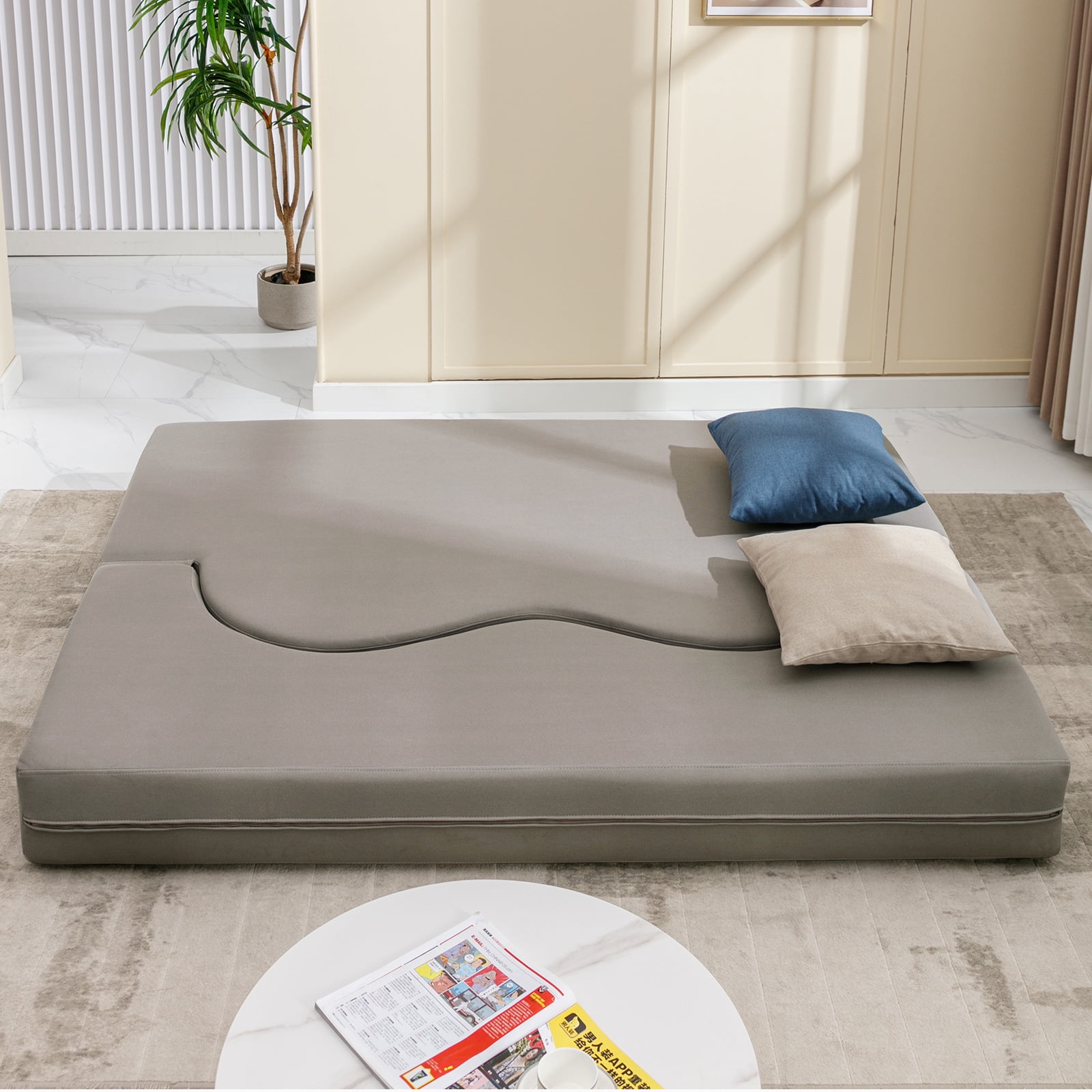 ZAFLY Queen Size Convertible Futon Sofa Bed, Floor Sofa Bed Foldable, Foam Folding Mattress Sleeper, Floor Couch Lounge Sleeper Bed for Living Room/Bedroom, Light Grey