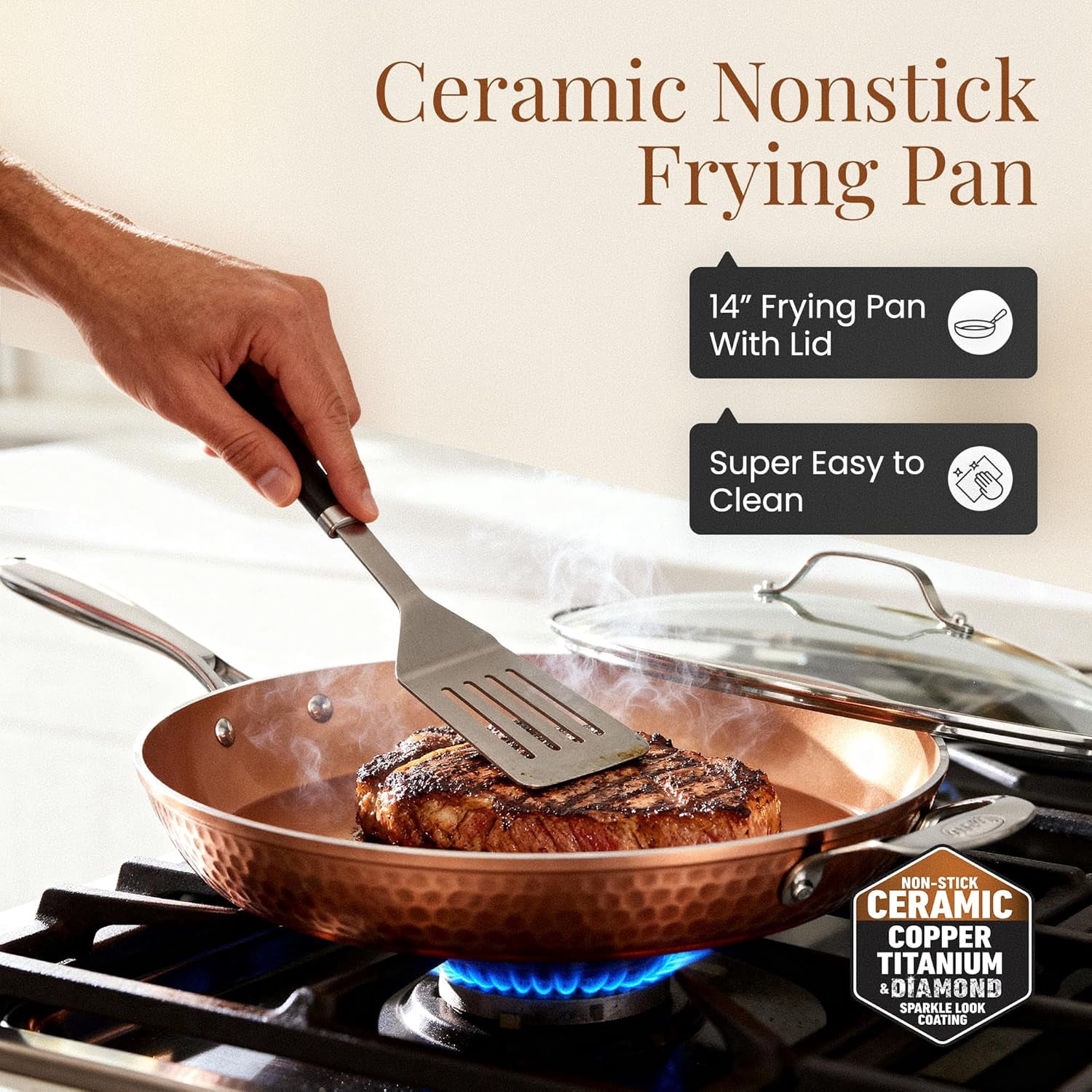 Hammered Copper 14 Inch Non Stick Frying Pan with Lid, Ceramic Coating Induction Safe Oven Dishwasher
