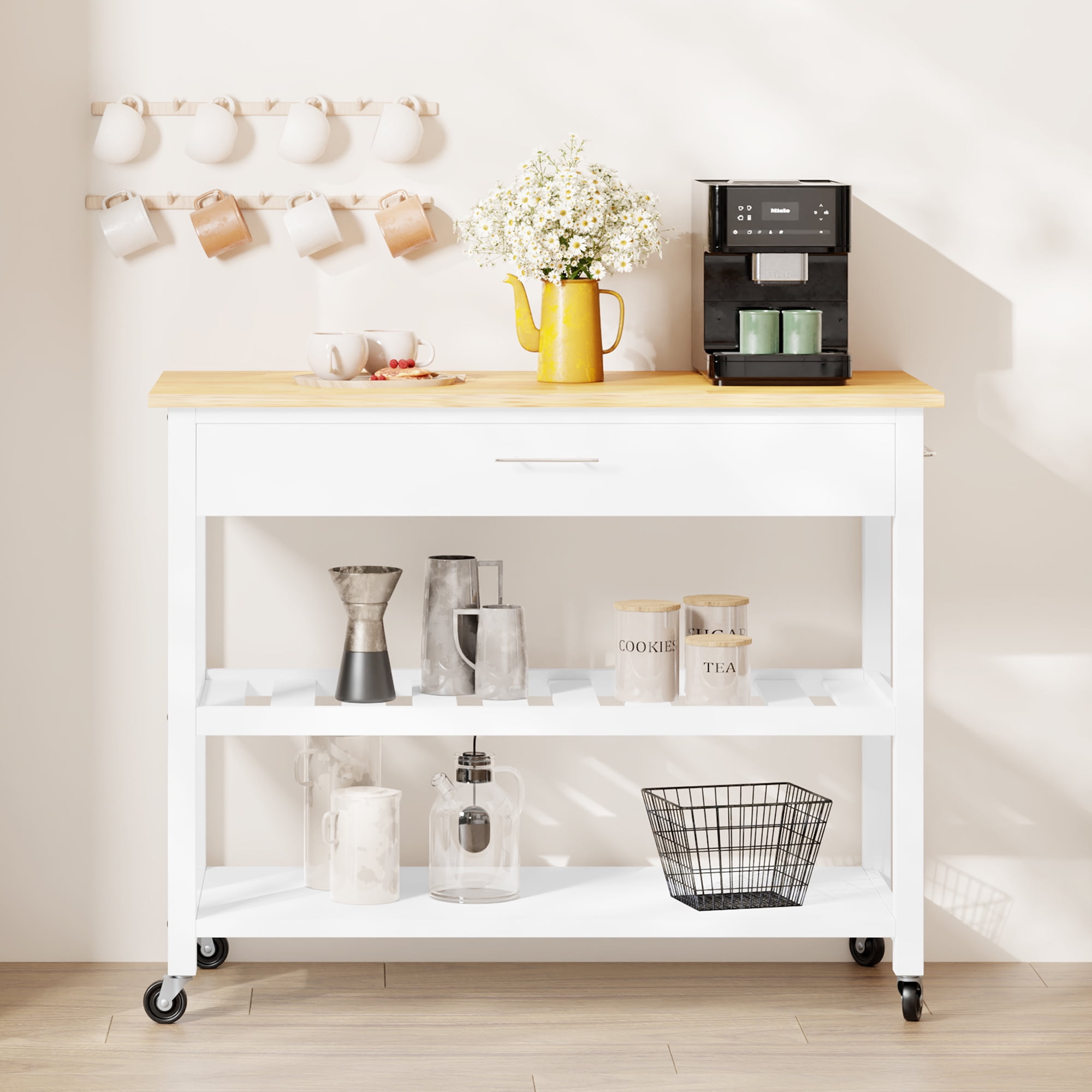 Kitchen Island Cart with Storage,Rolling Kitchen Island Side Table on Wheels with Large Worktop,Storage Cabinet,Towel Rack,Drawers and Open Shelves for Kitchen,Dinning Room,White