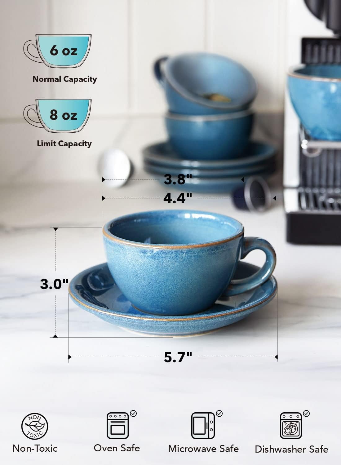 LE TAUCI 6 oz Porcelain Espresso Mugs, Set of 4 Ceramic Cappuccino Cups  with Saucers, Ceylon Blue - Walmart.com