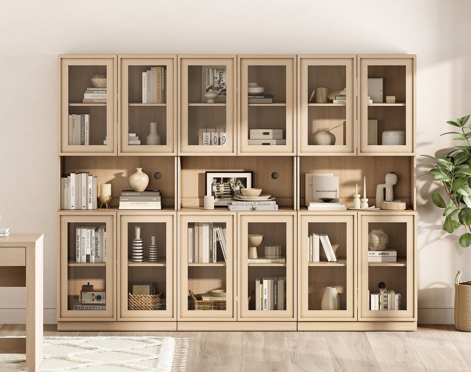 Modern 72" Tall Bookshelf with Glass Doors & Adjustable Shelves, Library Bookcase with Cabinet and Glass Display Shelves,Beige