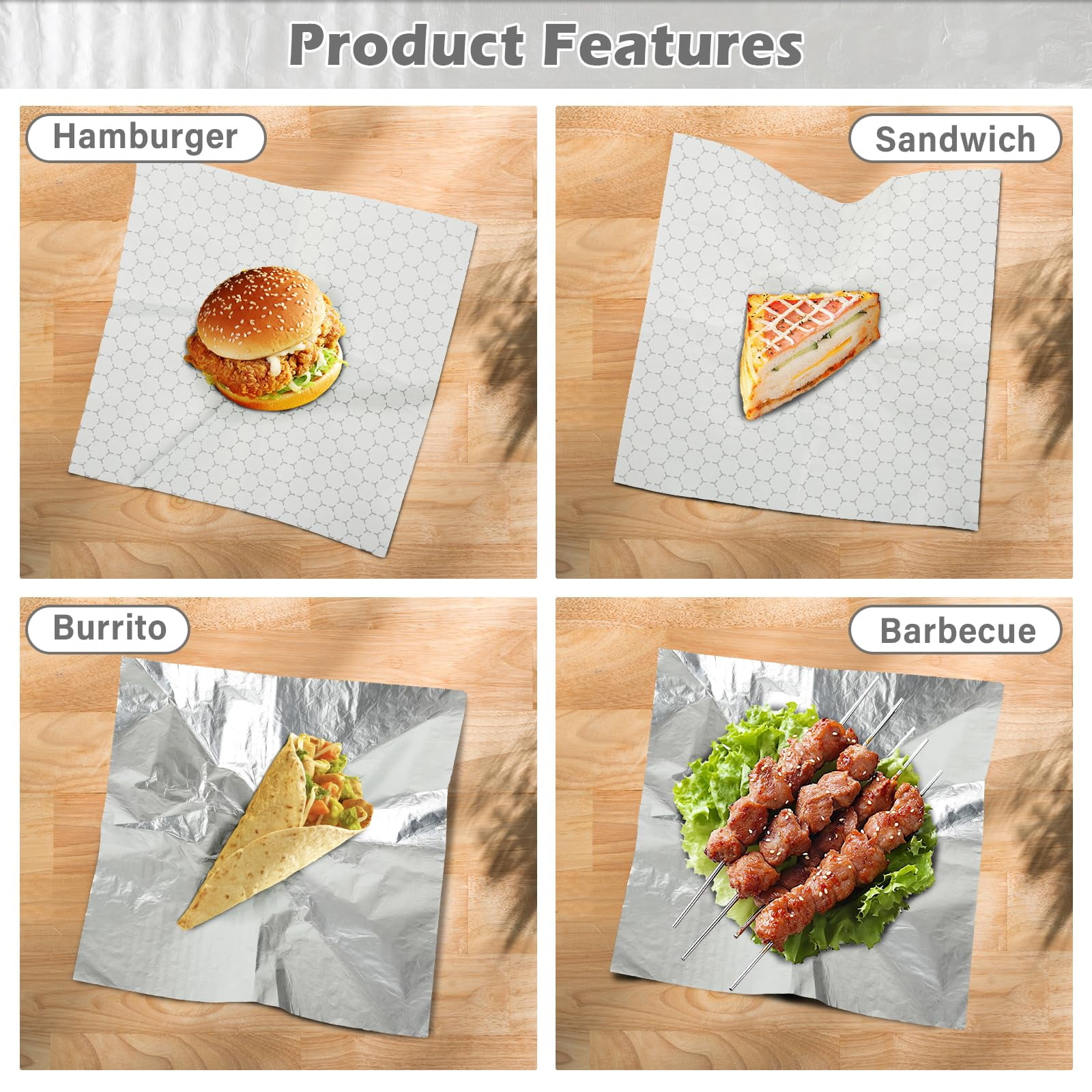 100Pcs Premium Insulated Foil Sandwich Wrap Sheets, 12"x12" Pre-Cut Foil Paper for Hot Dogs, Burgers, Burritos, Food Wrapping (Silver)