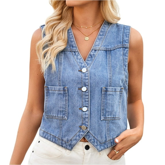 Qwertyu Womens Summer Cropped Denim Vest V-Neck Crop Western Jean Vest Top for Women Country Trendy Outfits Blue M