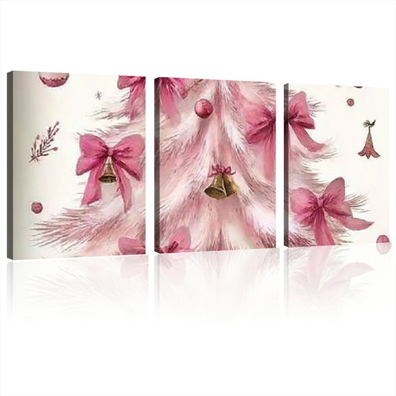 Canvas print wrapped wood frame painting Christmas Wall Art Prints Coquette Pink Holiday Decor with Trees, Bows, and Festive Phrases Vibrant and festive home decor 12*16inch*3pcs