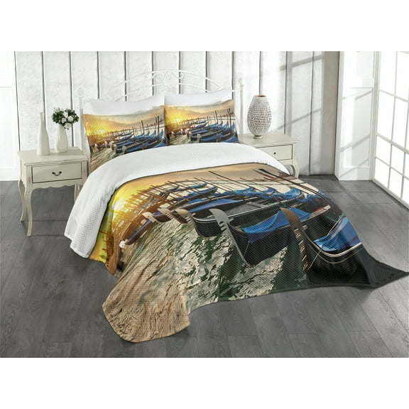 Ambesonne Venice Quilted Bedspread Set 3 Pcs, Gondolas Line on Water, Queen Size, Blue Yellow