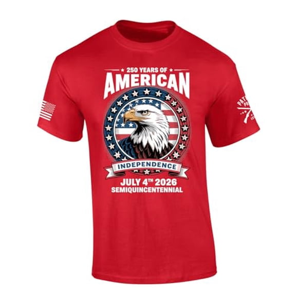 Patriot Pride Men's 250th Years of American Freedom USA Eagle Semiquincentennial Short Sleeve T-Shirt, Patriotic Shirts for Men, Red-Small