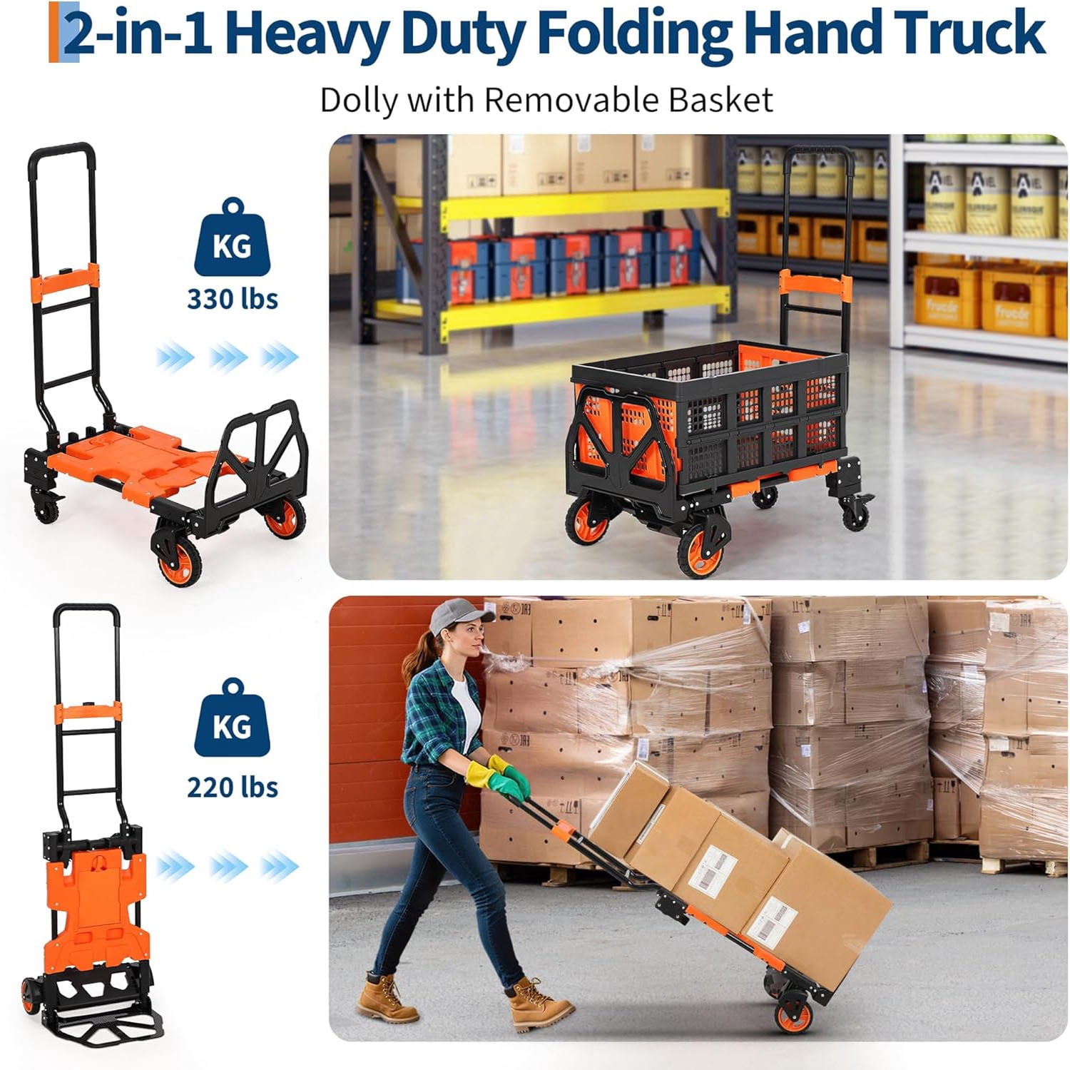 2-in-1 Folding Hand Truck with Foldable Basket, Convertible Folding Hand Cart with Telescoping Handle, Wheels and Bungee Cord, Portable Dolly Cart for Luggage, Moving, Office