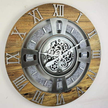 THE GEARS CLOCK Wall Clock with Real Moving Gears EN-LI_ 36 in Round Wood-Stone