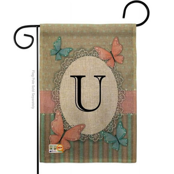 Breeze Decor BD-BG-G-130151-IP-DB-D-US14-BD 13 x 18.5 in. Butterflies U Initial Burlap Garden Friends Bugs & Frogs Impressions Decorative Vertical Double Sided Flag