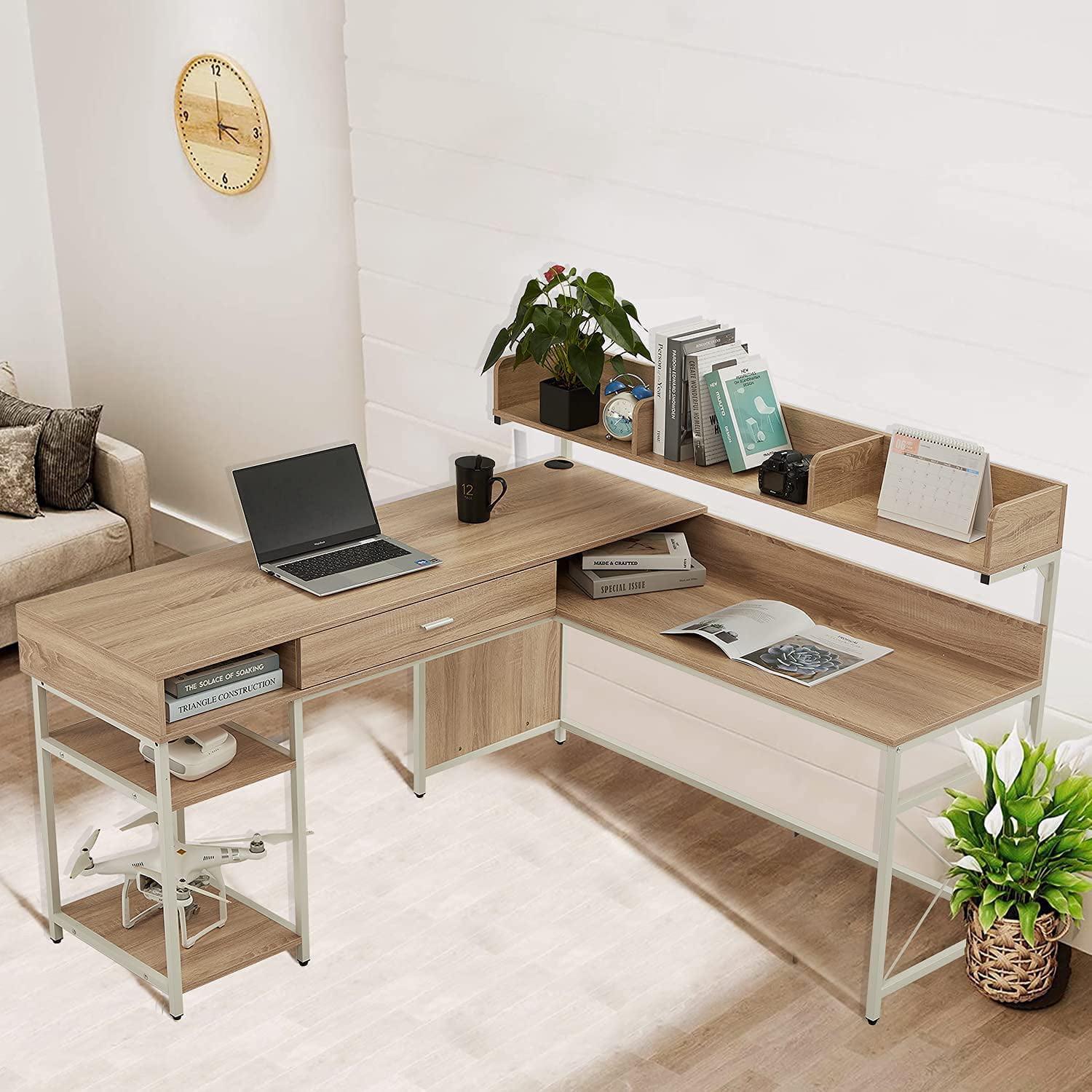 Lifefair L-Shaped Computer Desk Corner Home Office Desks Work Table with Multiple Shelves Drawer Dark Gray