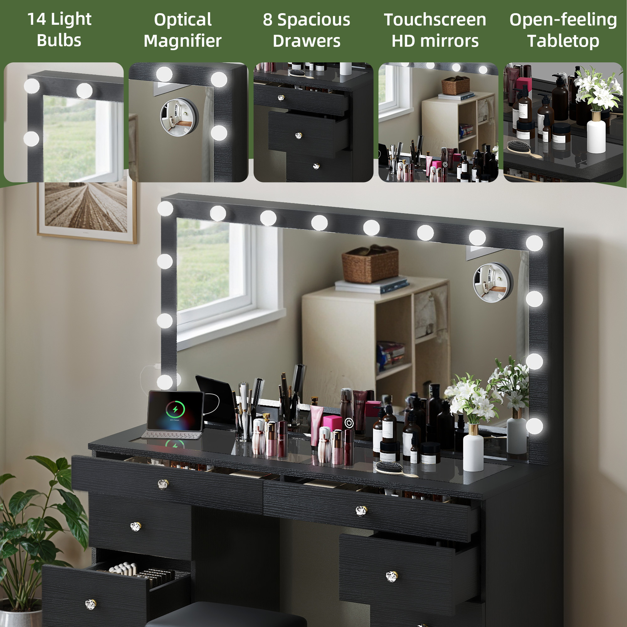 Uforic Black 8-Drawer Makeup Vanity Desk with Dimmable Hollywood LED Mirror USB-C & 2 AC Outlets