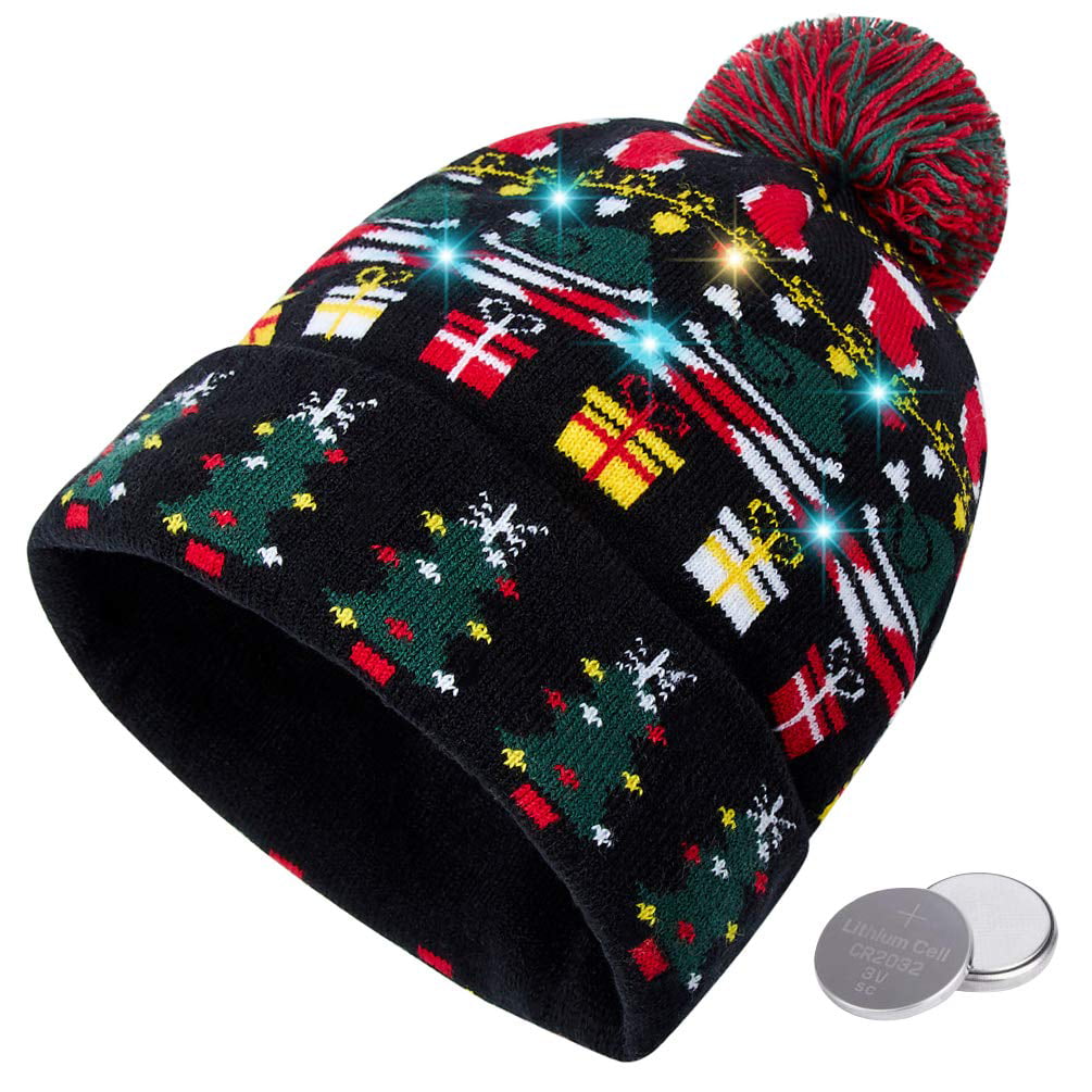 Unisex LED Light-up Ugly Christmas Hat Beanies Knitted Xmas Party Cap with 6 Colorful Lights Black 