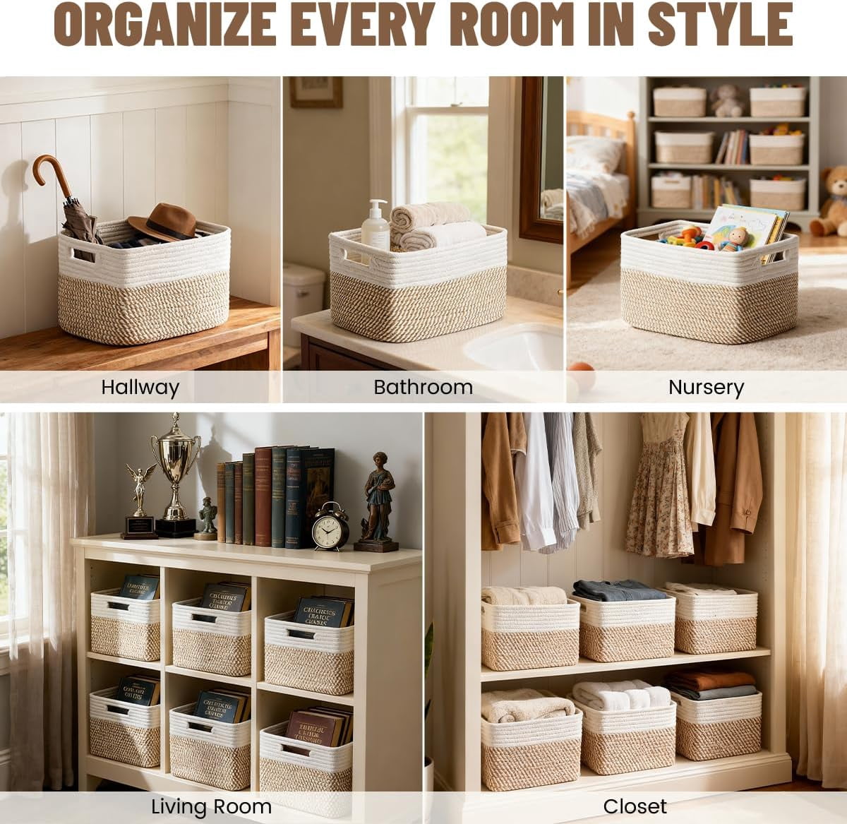 Storage racks and baskets for toys, books, clothes, wardrobes, nurseries, and bathrooms – cotton rope storage racks and baskets.