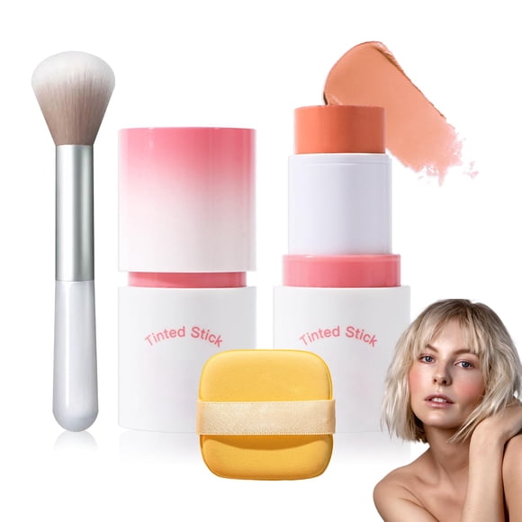 Colorete en barra en crema con brocha y esponja de maquillaje Barra de maquillaje en crema múltiple resistente al agua Rubor múltiple 2 en 1 ligero y duradero para mejillas, tinte de labios y sombra d