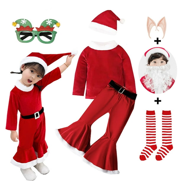 Vestido de Navidad para niñas, conjunto de 3 piezas, sombrero, camiseta y pantalones, juego de rol, pantalones largos acampanados, disfraz de elfo de Año Nuevo, disfraz de Papá Noel para niñas