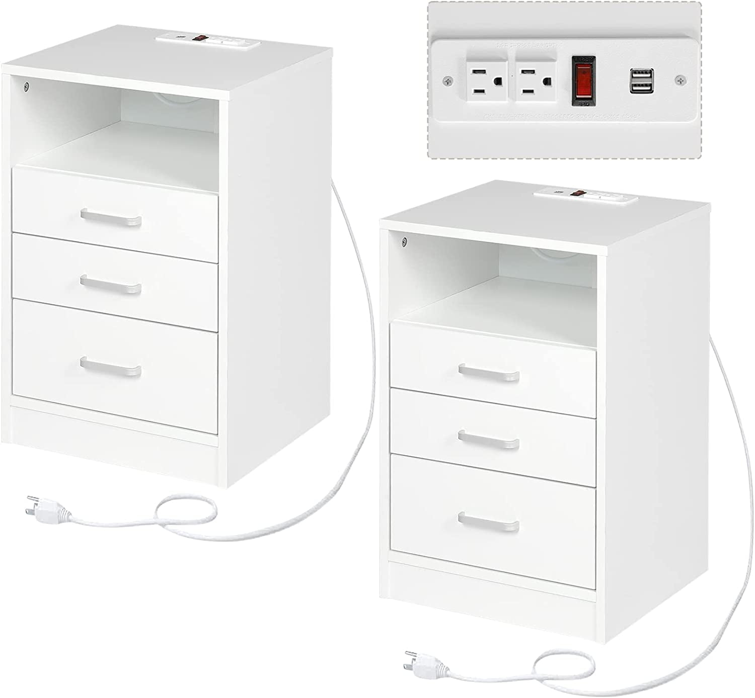Nightstand Set of 2 with Charging Station,White Night Stands for