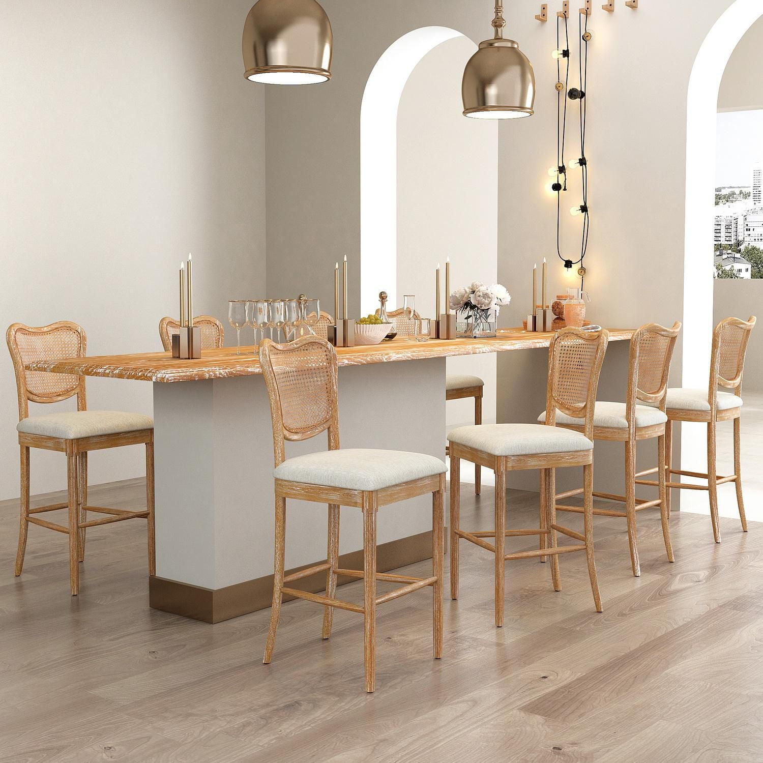 High Dining Chairs Set of 2, Upholstered Side Chairs with Cane Back & Wooden Legs, Mid Century Modern Designed Chairs Living Room Kitchen Chairs